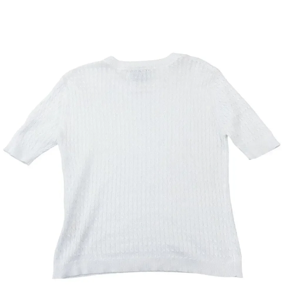 LAURA ASHLEY Vintage Short Sleeve White Cable Knit Cotton Sweater White Medium - Picture 2 of 14